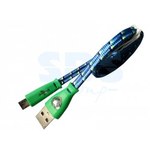 USB кабель светящиеся разъемы для microUSB шнур шелк плоский1М синий REXANT